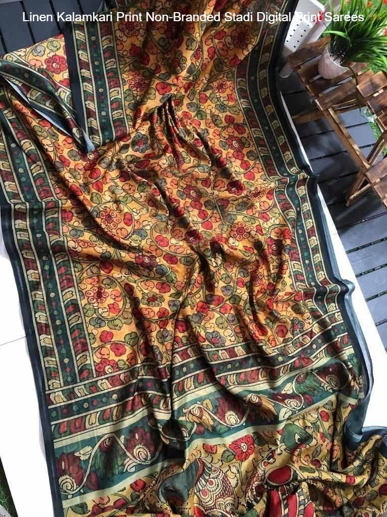 Linen Kalamkari Print Non-Branded Stadi Digital Print Sarees