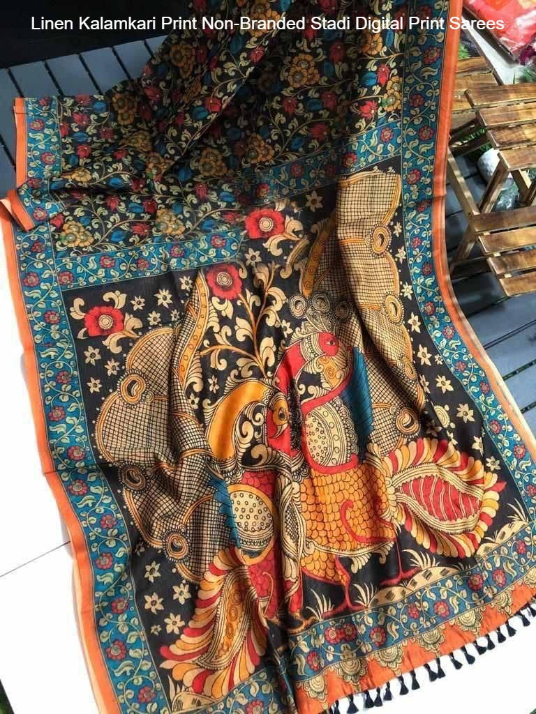 Linen Kalamkari Print Non-Branded Stadi Digital Print Sarees