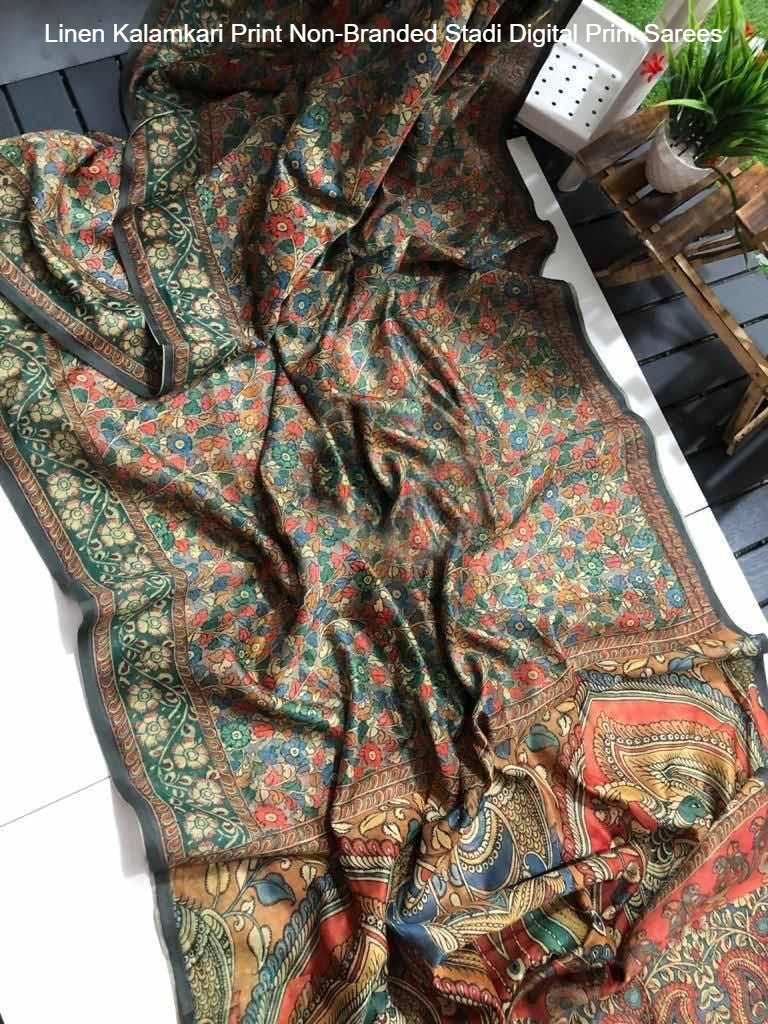 Linen Kalamkari Print Non-Branded Stadi Digital Print Sarees
