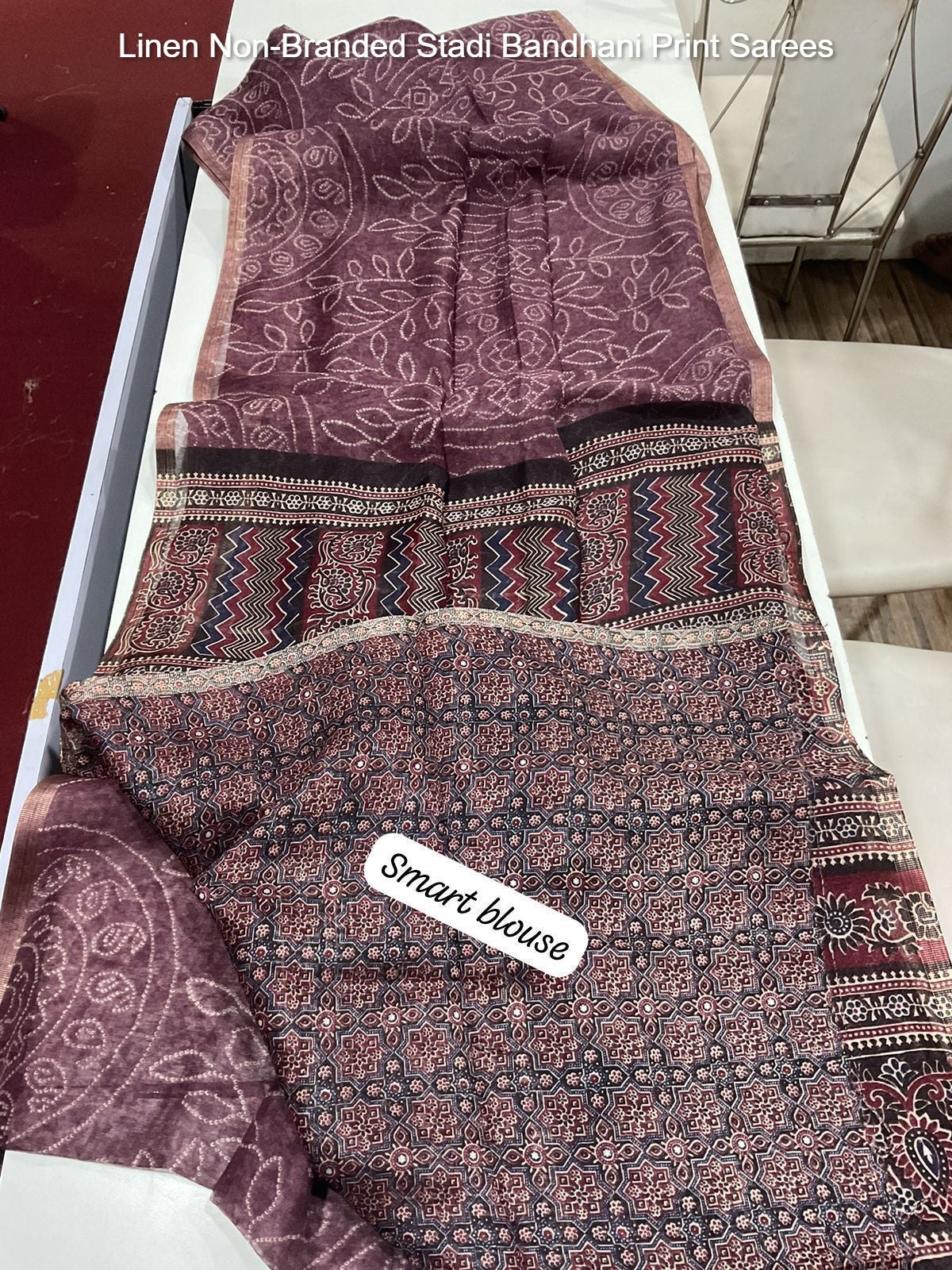 Linen Non-Branded Stadi Bandhani Print Sarees
