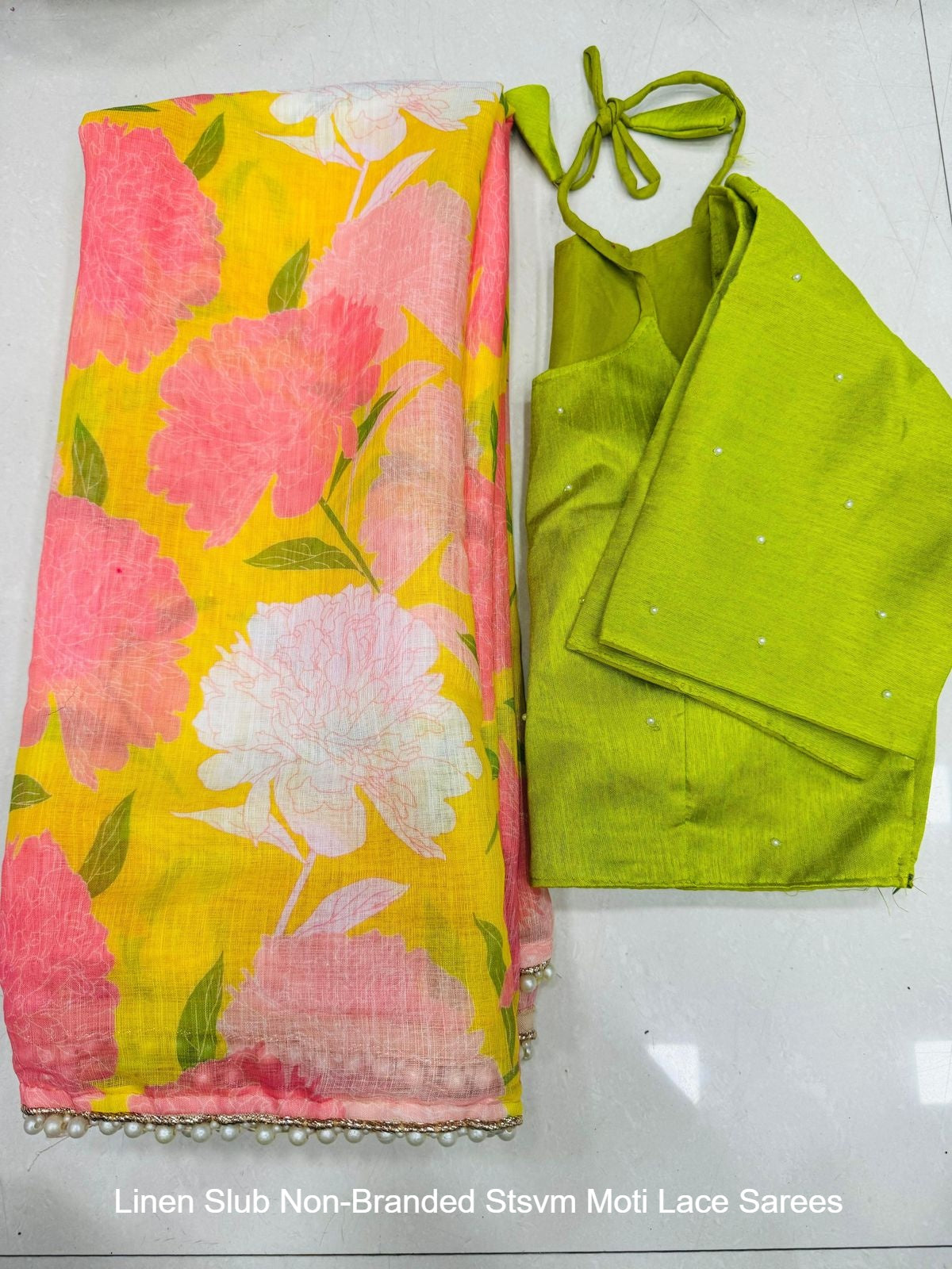 Linen Slub Non-Branded Stsvm Moti Lace Sarees