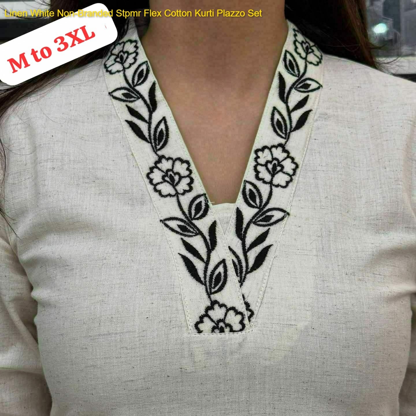 Linen White Non-Branded Stpmr Flex Cotton Kurti Plazzo Set