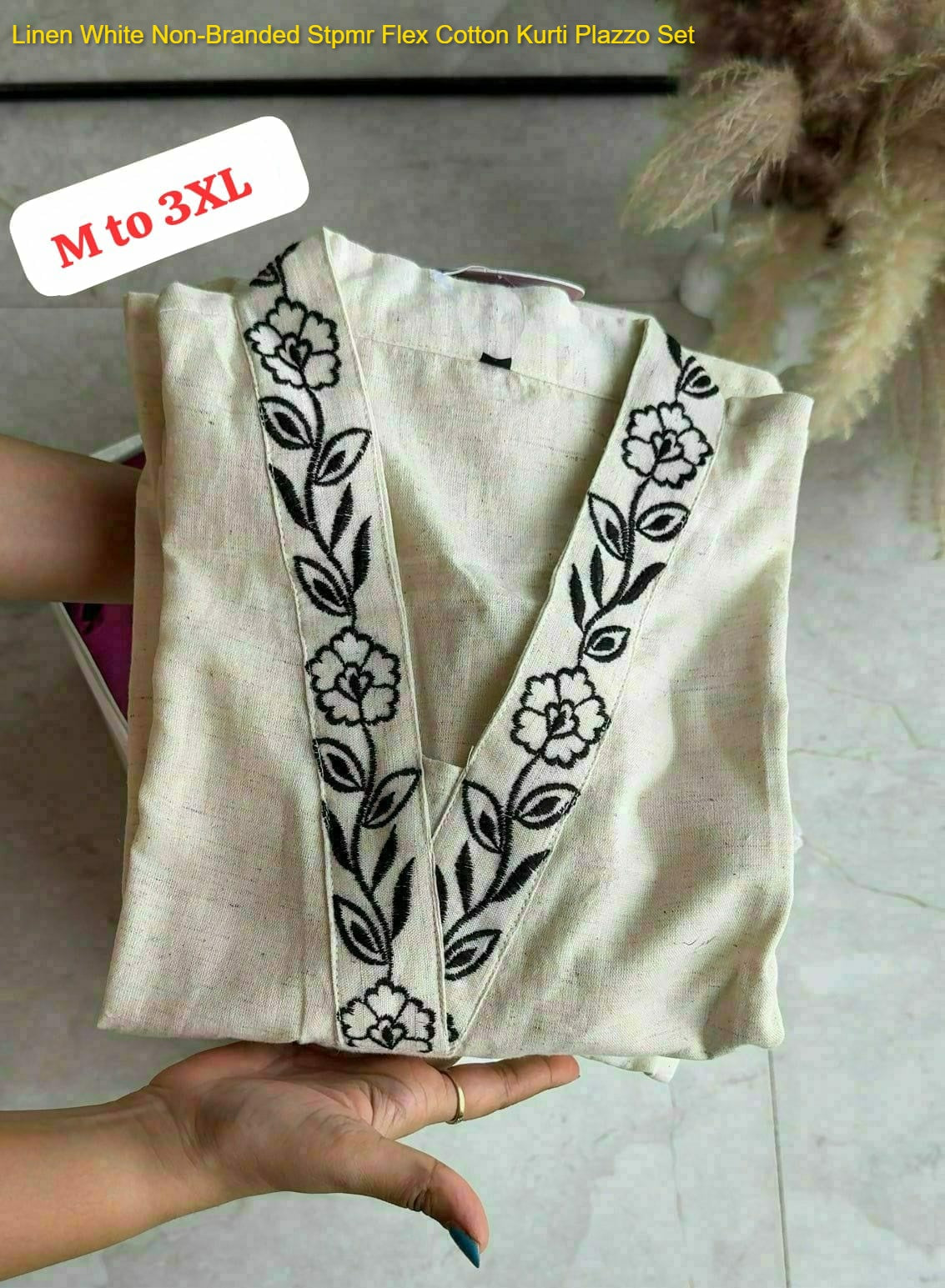 Linen White Non-Branded Stpmr Flex Cotton Kurti Plazzo Set