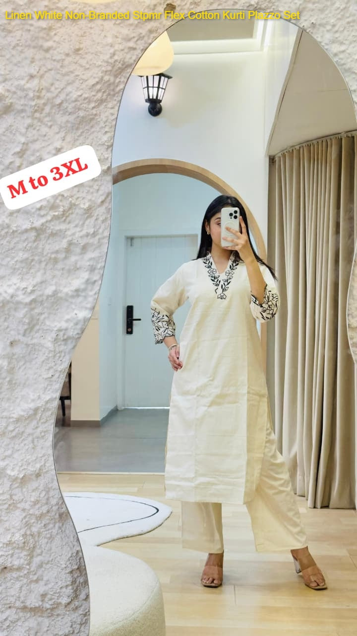 Linen White Non-Branded Stpmr Flex Cotton Kurti Plazzo Set