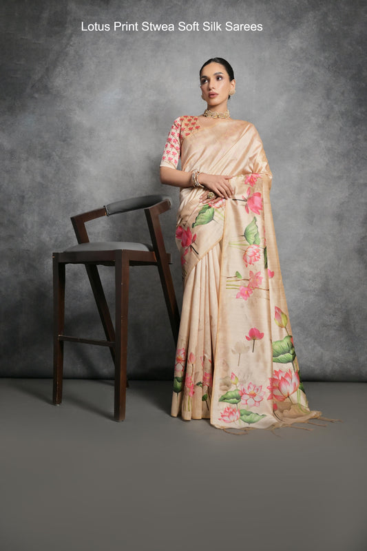 Lotus Print Stwea Soft Silk Sarees
