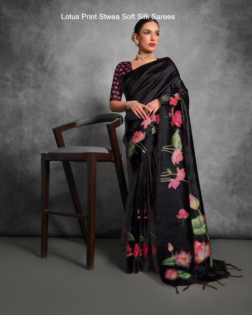 Lotus Print Stwea Soft Silk Sarees