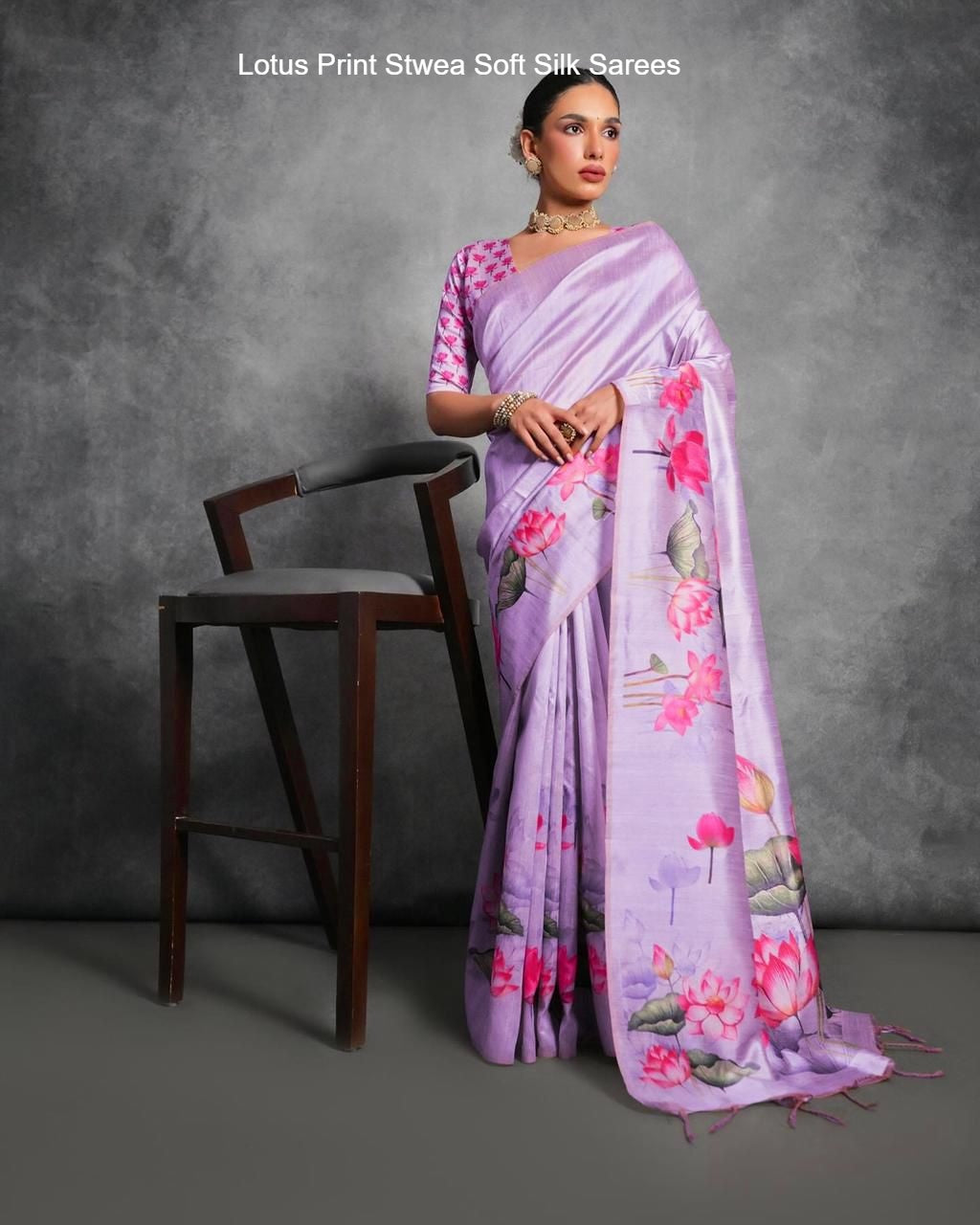 Lotus Print Stwea Soft Silk Sarees