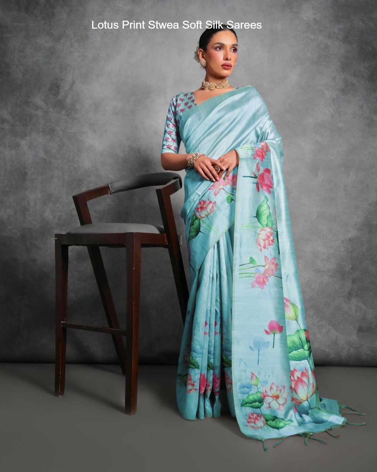Lotus Print Stwea Soft Silk Sarees