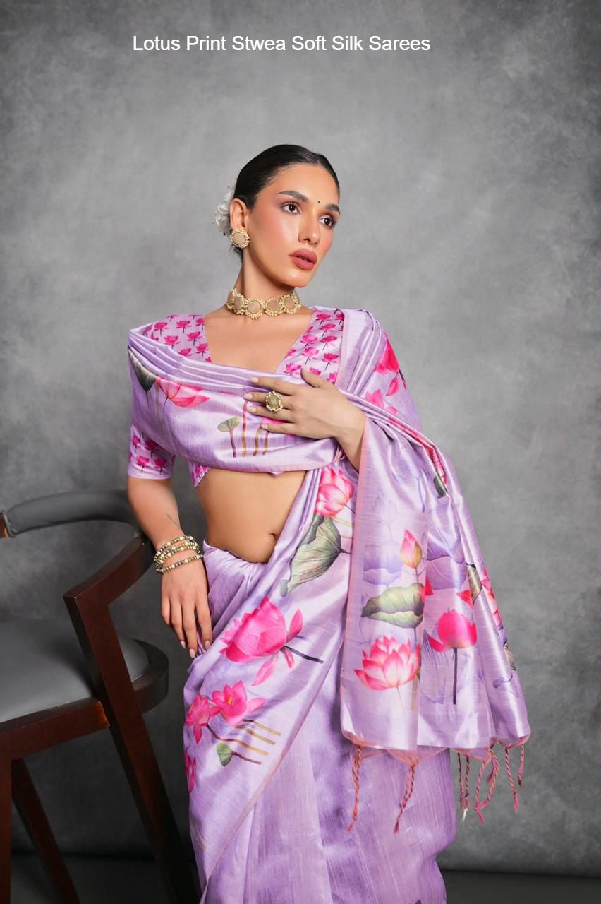 Lotus Print Stwea Soft Silk Sarees