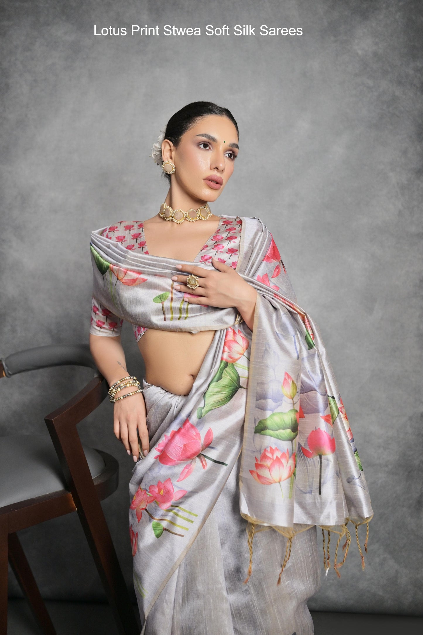 Lotus Print Stwea Soft Silk Sarees