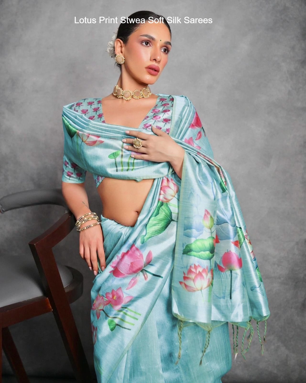 Lotus Print Stwea Soft Silk Sarees