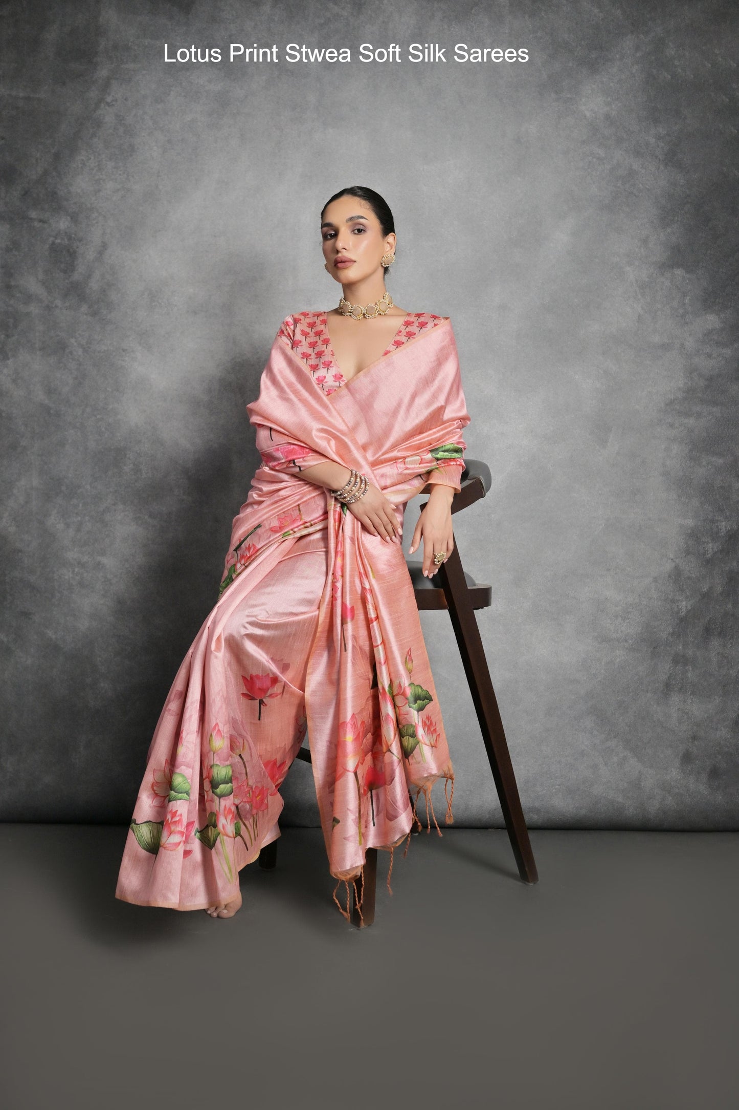 Lotus Print Stwea Soft Silk Sarees