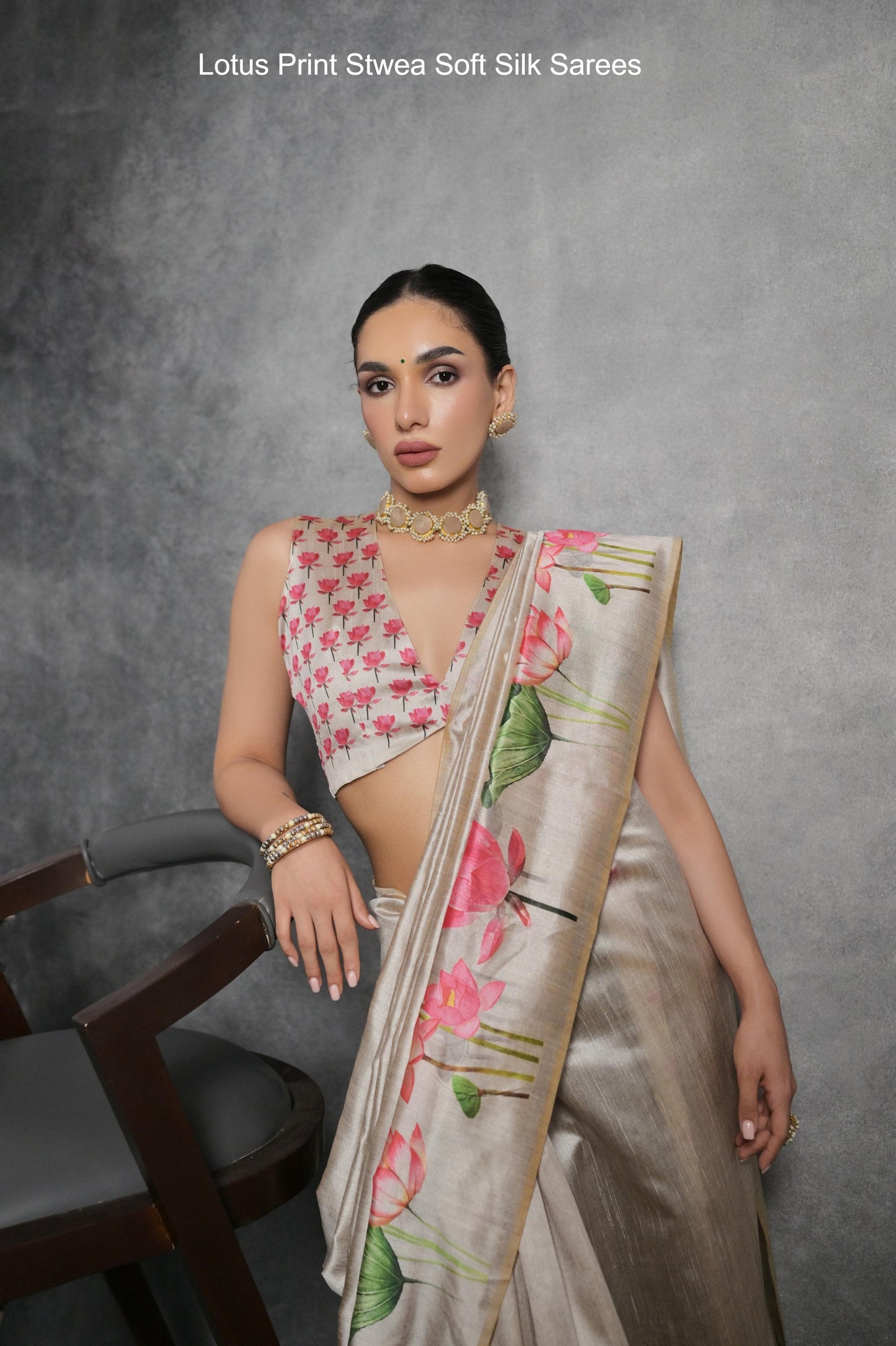 Lotus Print Stwea Soft Silk Sarees