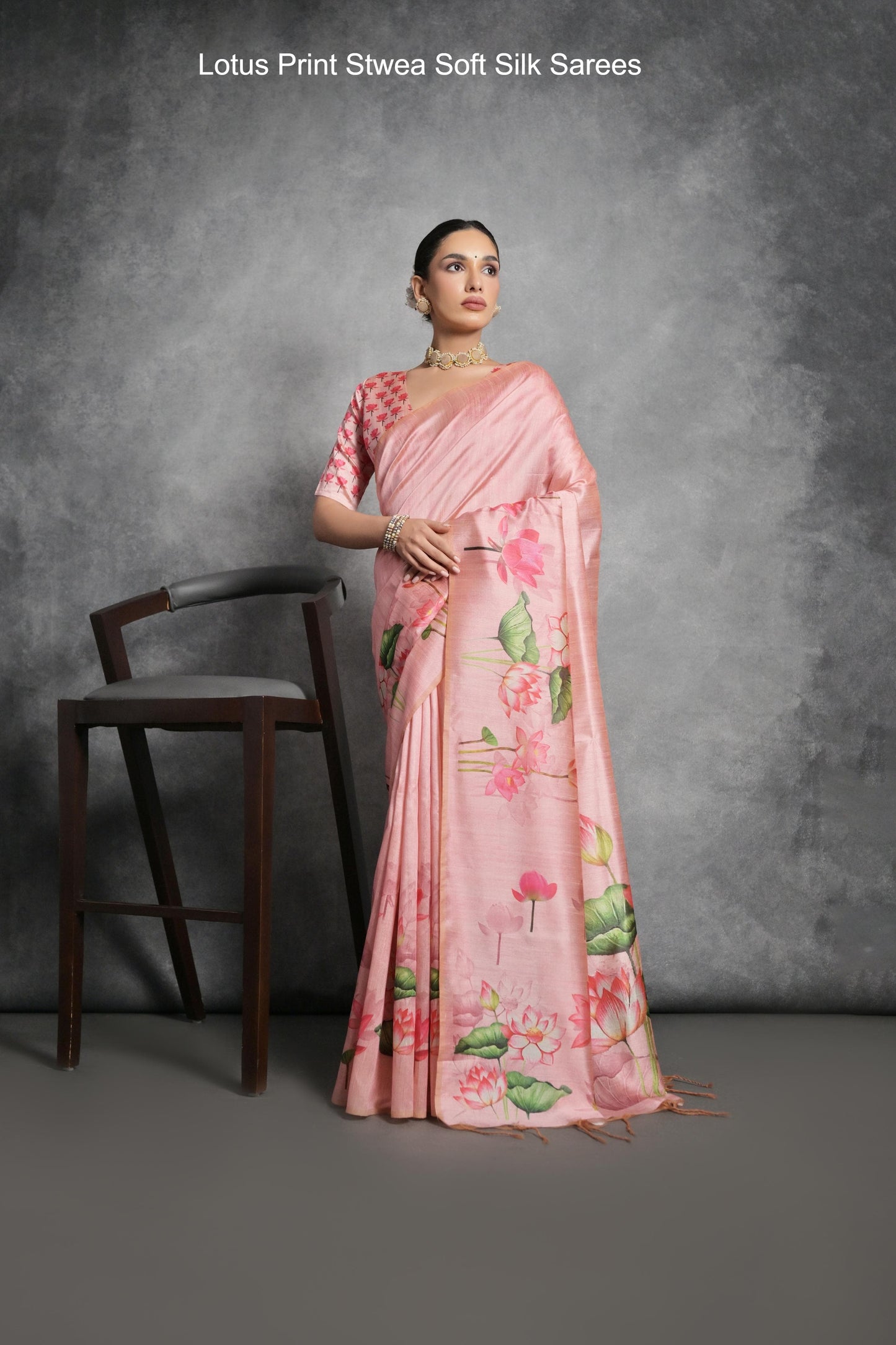 Lotus Print Stwea Soft Silk Sarees