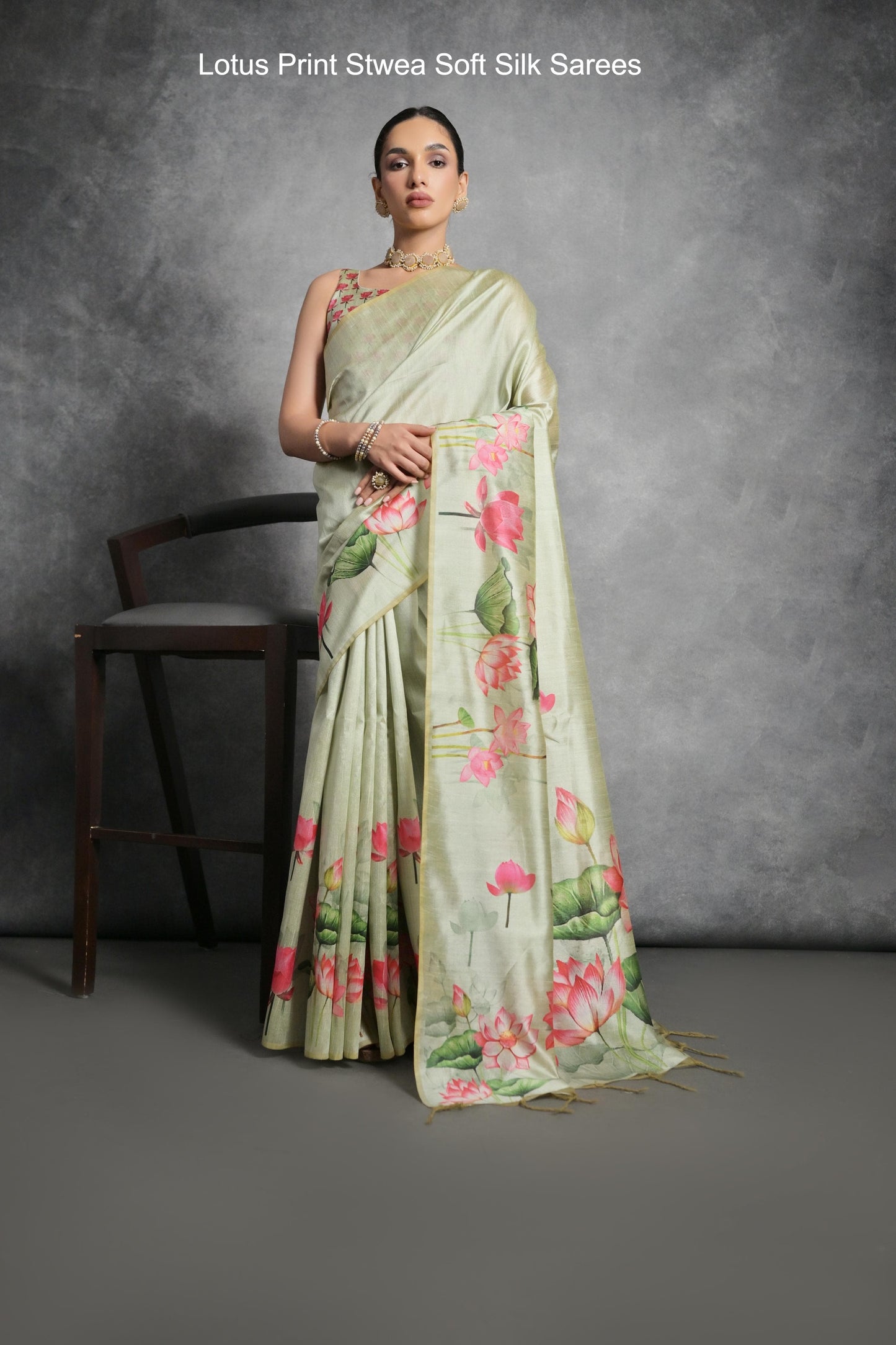 Lotus Print Stwea Soft Silk Sarees