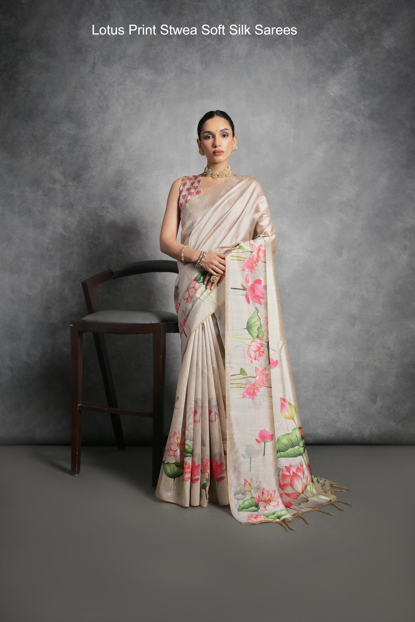 Lotus Print Stwea Soft Silk Sarees
