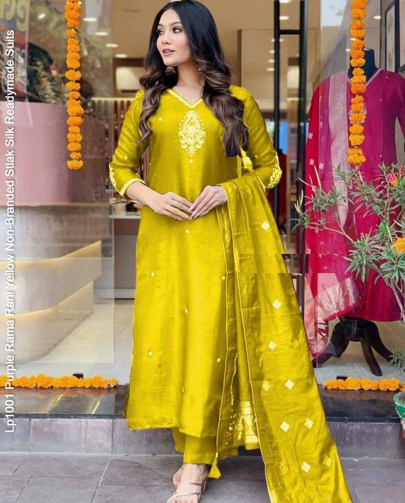 Lp1001 Purple Rama Rani Yellow Non-Branded Stlak Silk Readymade Suits