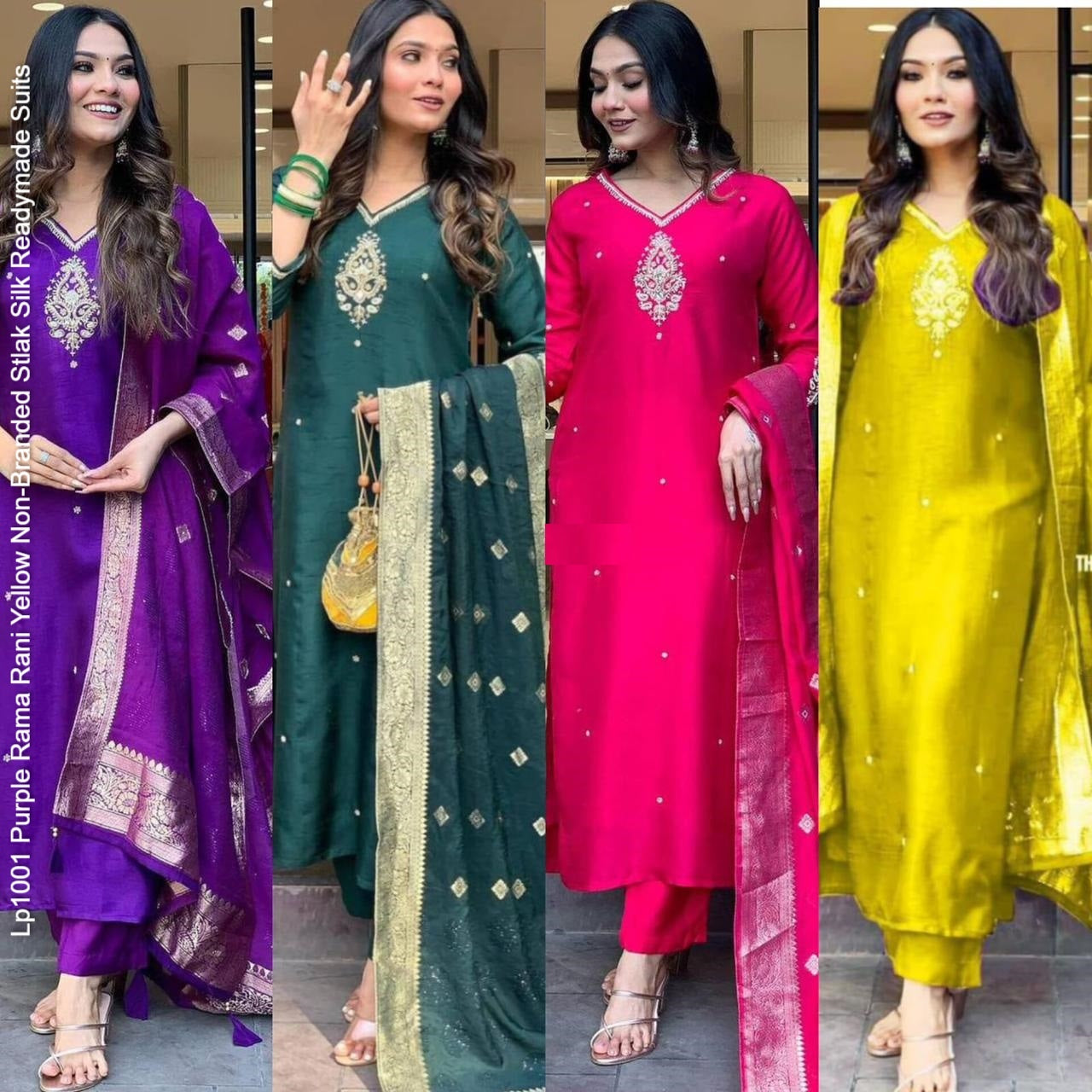 Lp1001 Purple Rama Rani Yellow Non-Branded Stlak Silk Readymade Suits