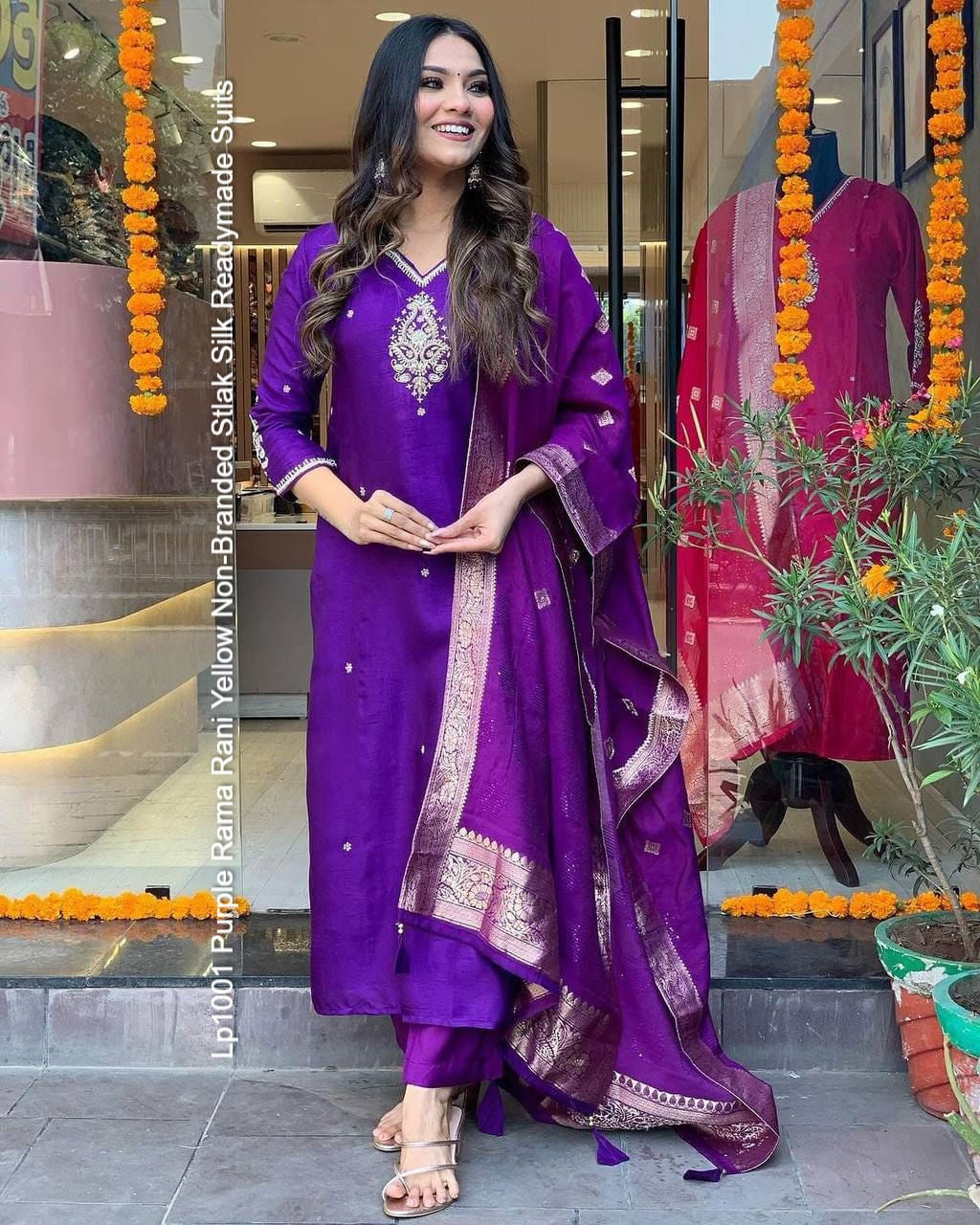 Lp1001 Purple Rama Rani Yellow Non-Branded Stlak Silk Readymade Suits