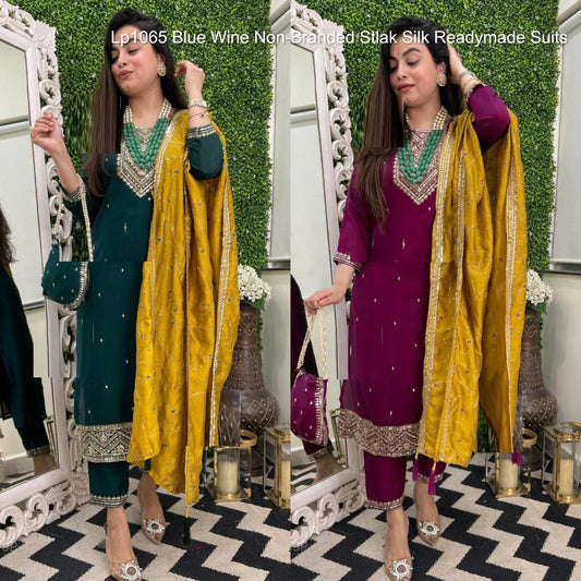 Lp1065 Blue Wine Non-Branded Stlak Silk Readymade Suits