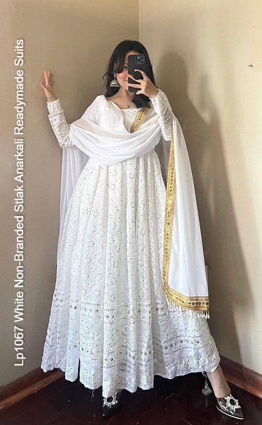 Lp1067 White Non-Branded Stlak Anarkali Readymade Suits