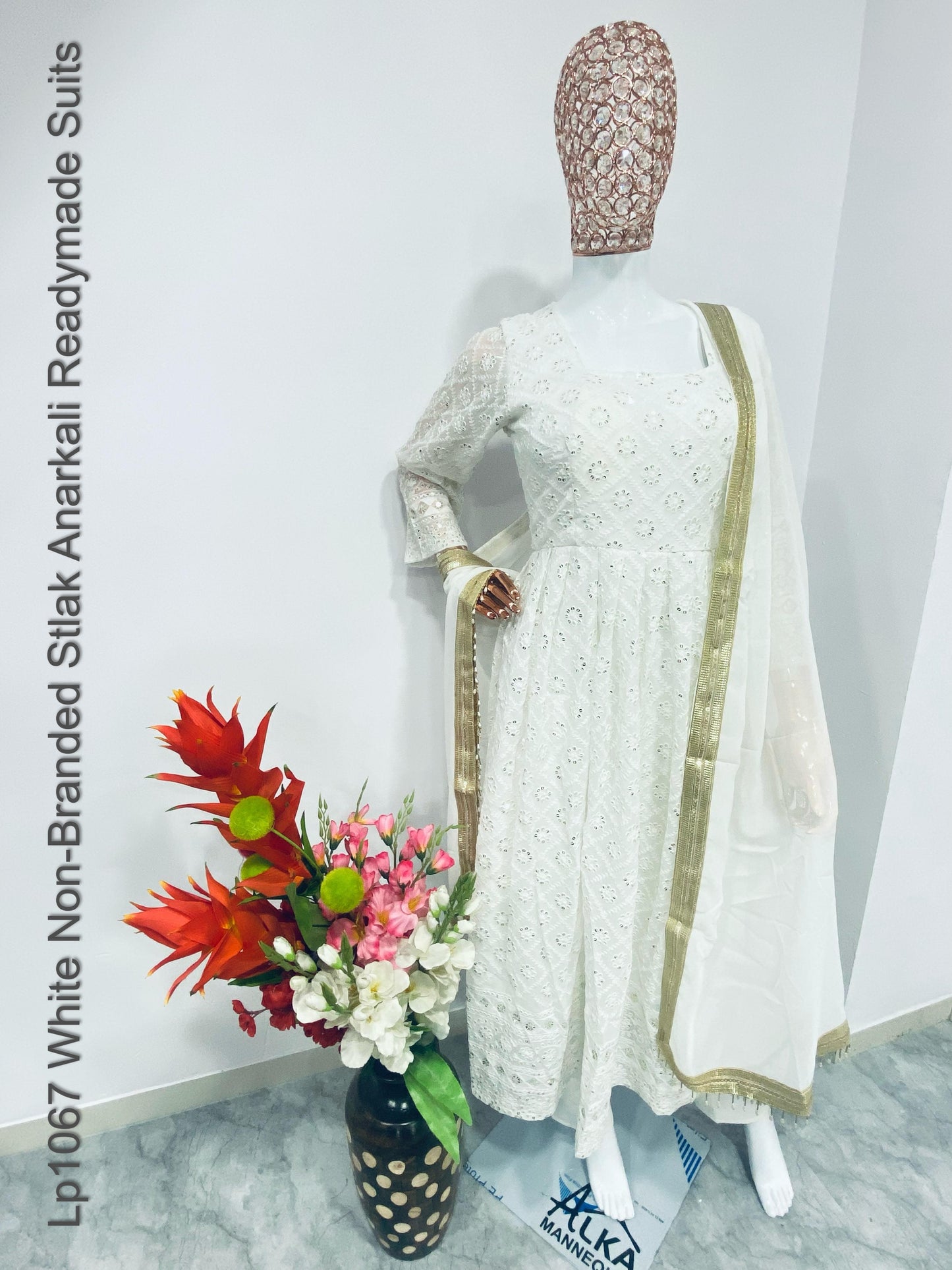 Lp1067 White Non-Branded Stlak Anarkali Readymade Suits