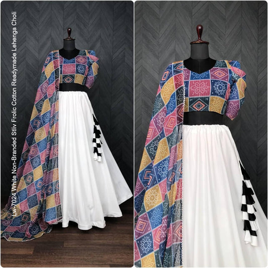 Lw-7024 White Non-Branded Stliv Frolic Cotton Readymade Lehenga Choli