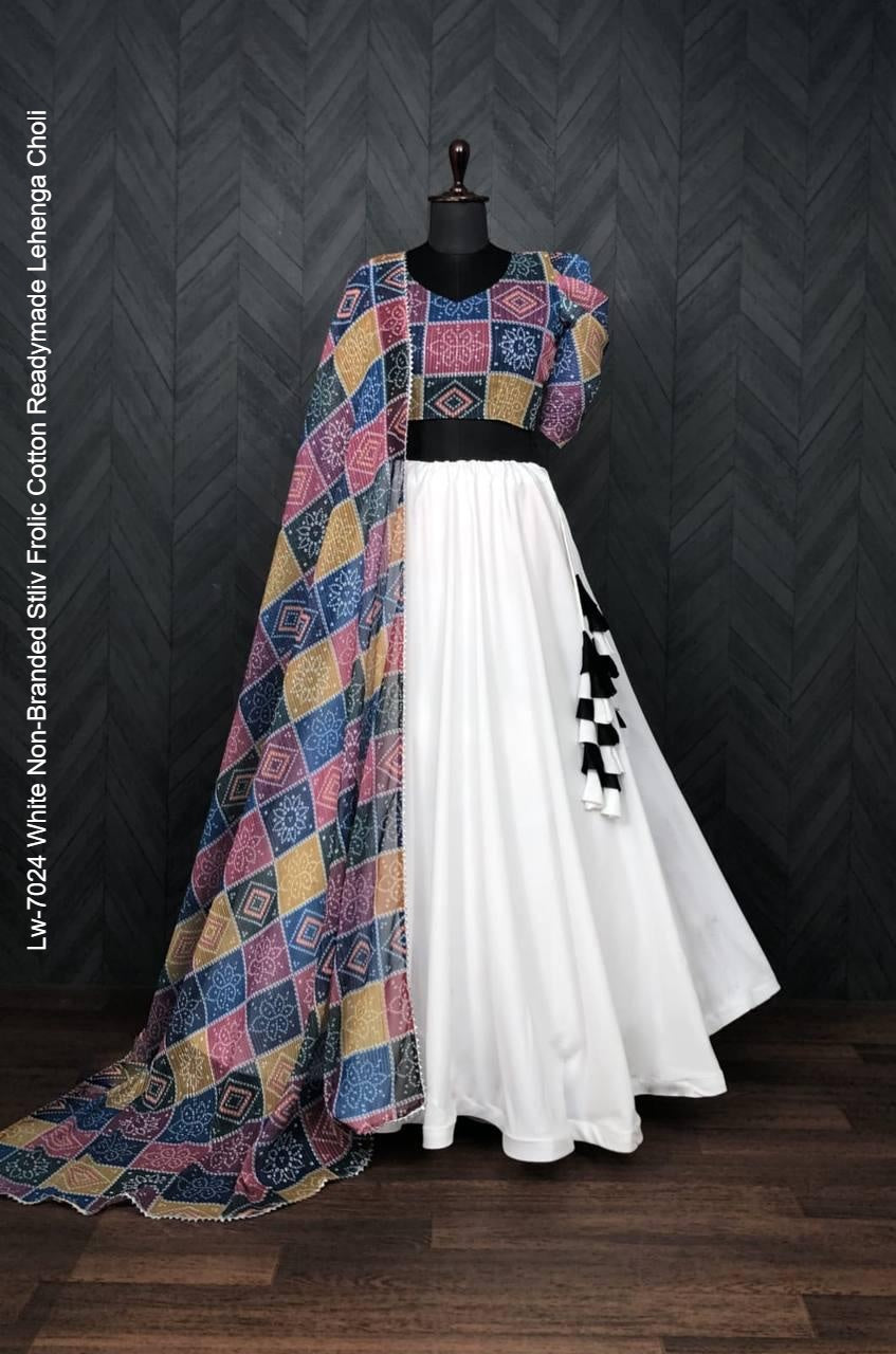 Lw-7024 White Non-Branded Stliv Frolic Cotton Readymade Lehenga Choli