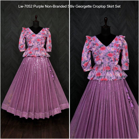Lw-7052 Purple Non-Branded Stliv Georgette Croptop Skirt Set