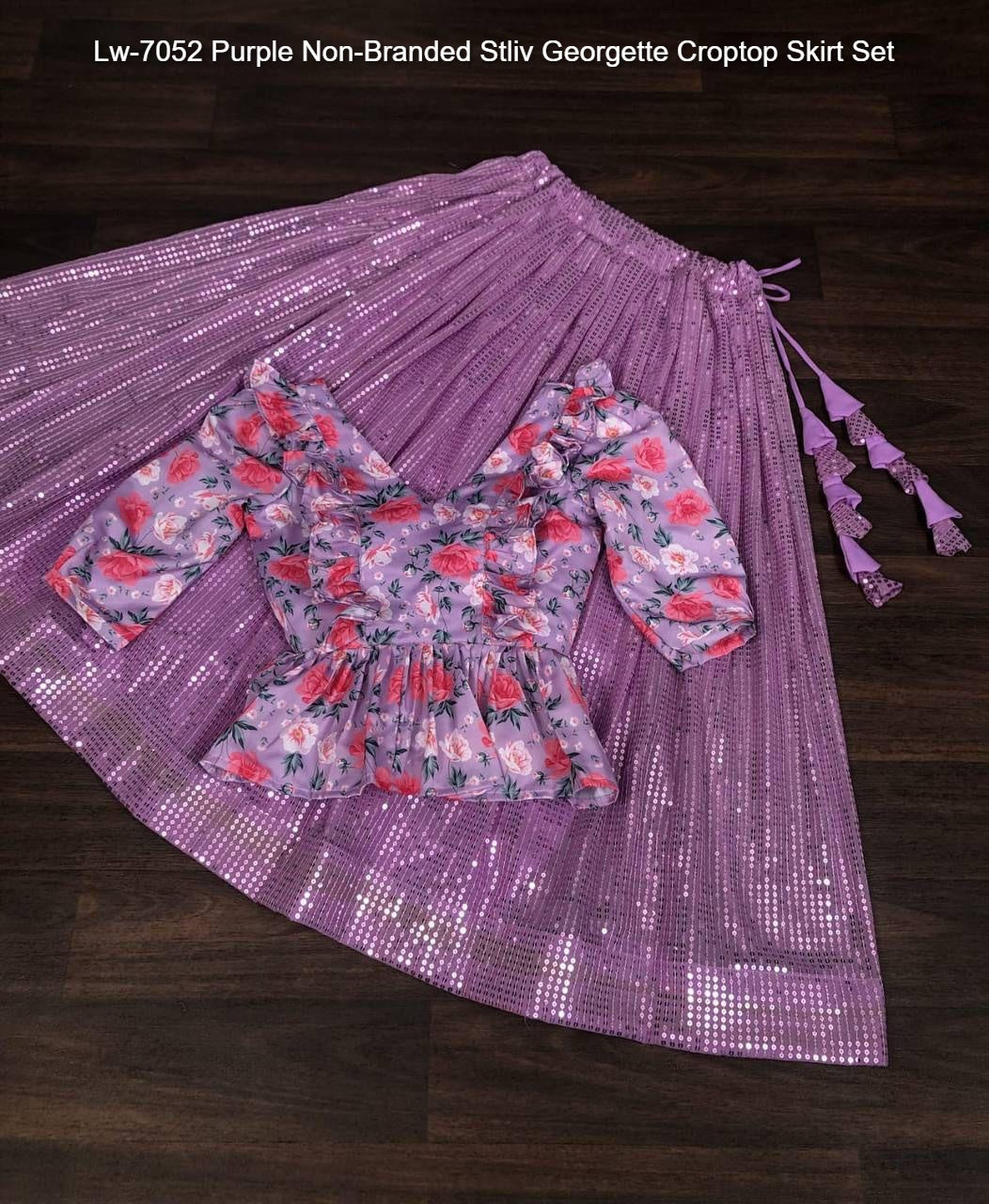 Lw-7052 Purple Non-Branded Stliv Georgette Croptop Skirt Set
