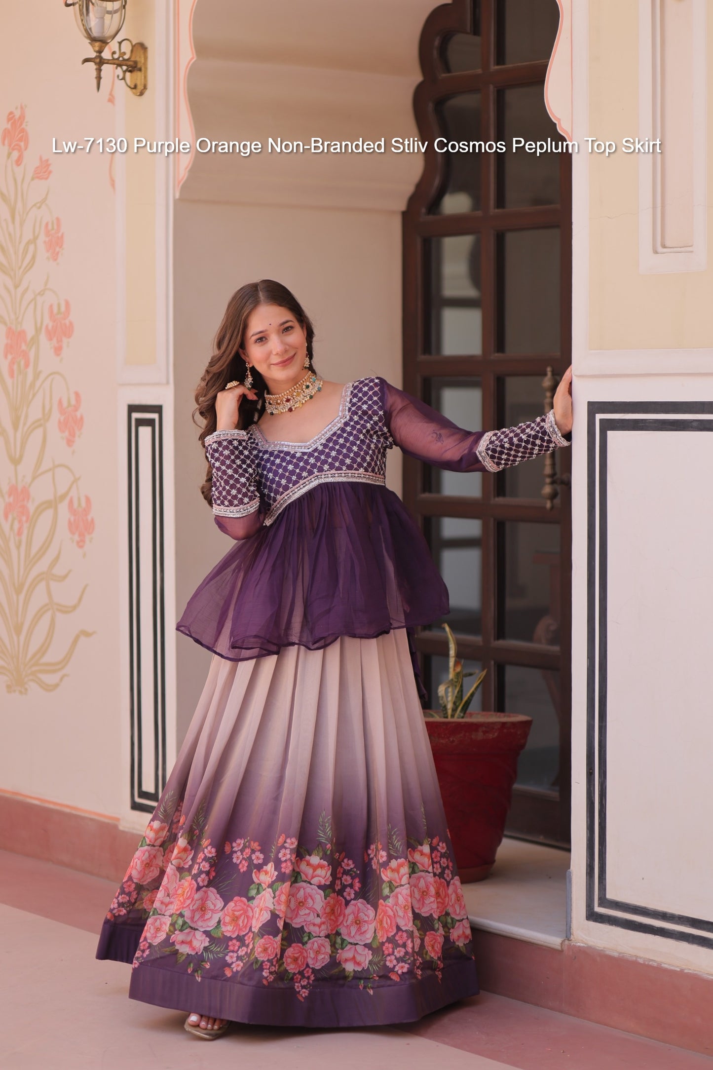 Lw-7130 Purple Orange Non-Branded Stliv Cosmos Peplum Top Skirt