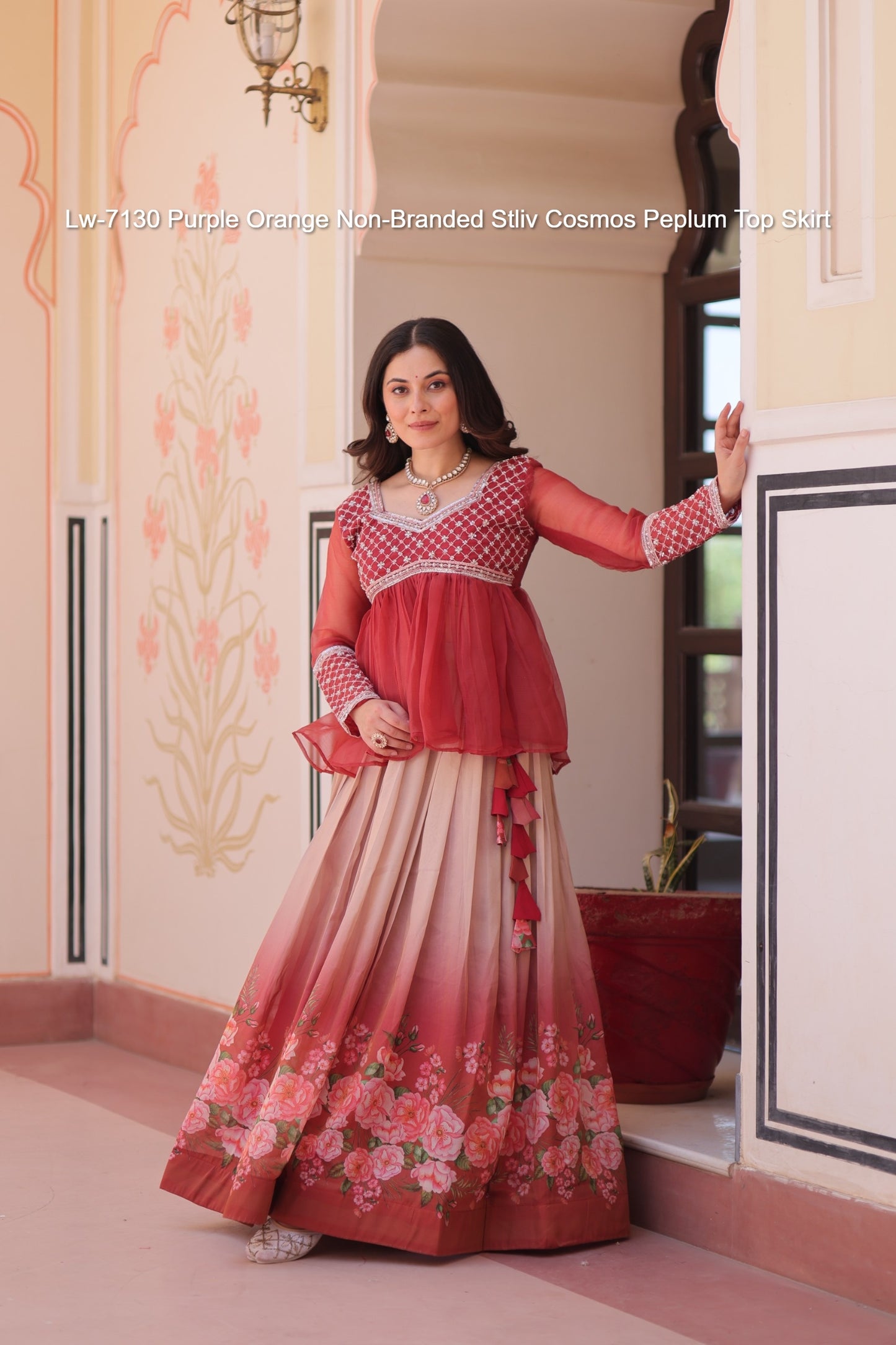 Lw-7130 Purple Orange Non-Branded Stliv Cosmos Peplum Top Skirt