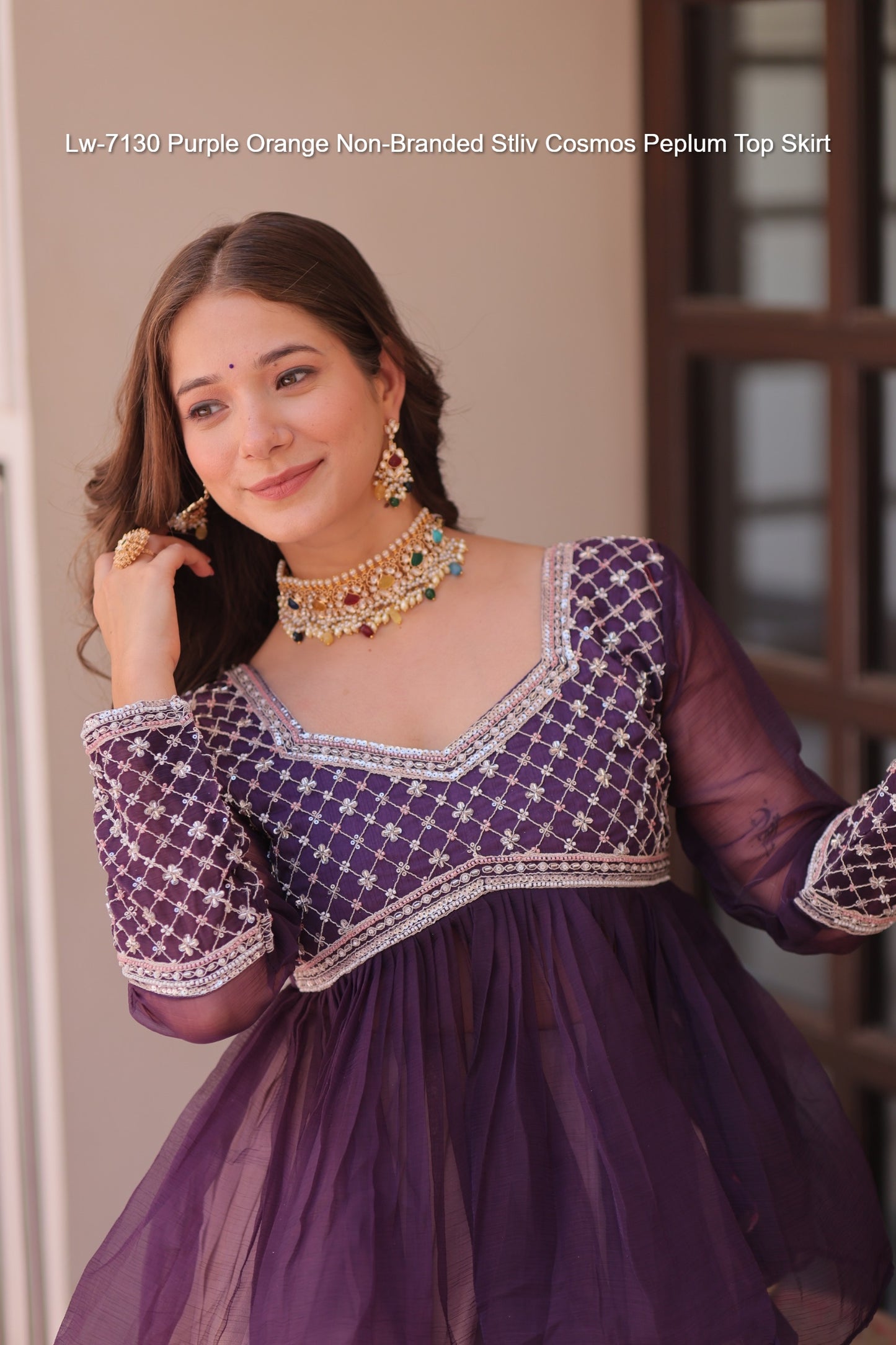 Lw-7130 Purple Orange Non-Branded Stliv Cosmos Peplum Top Skirt