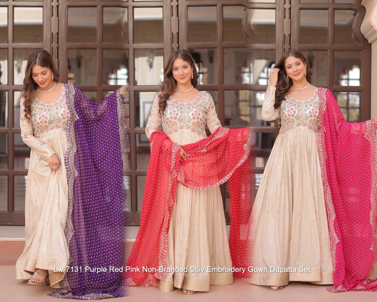 Lw-7131 Purple Red Pink Non-Branded Stliv Embroidery Gown Dupatta Set