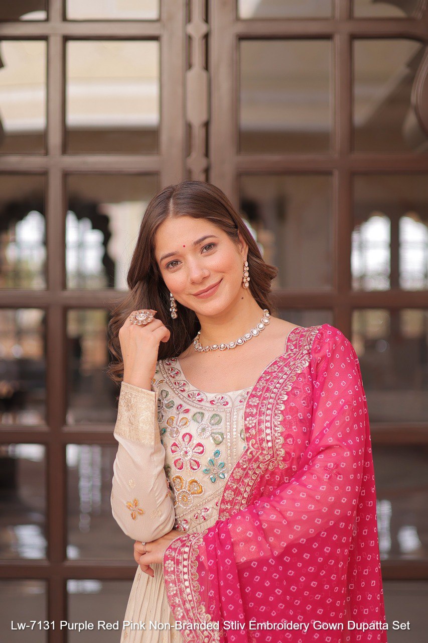 Lw-7131 Purple Red Pink Non-Branded Stliv Embroidery Gown Dupatta Set