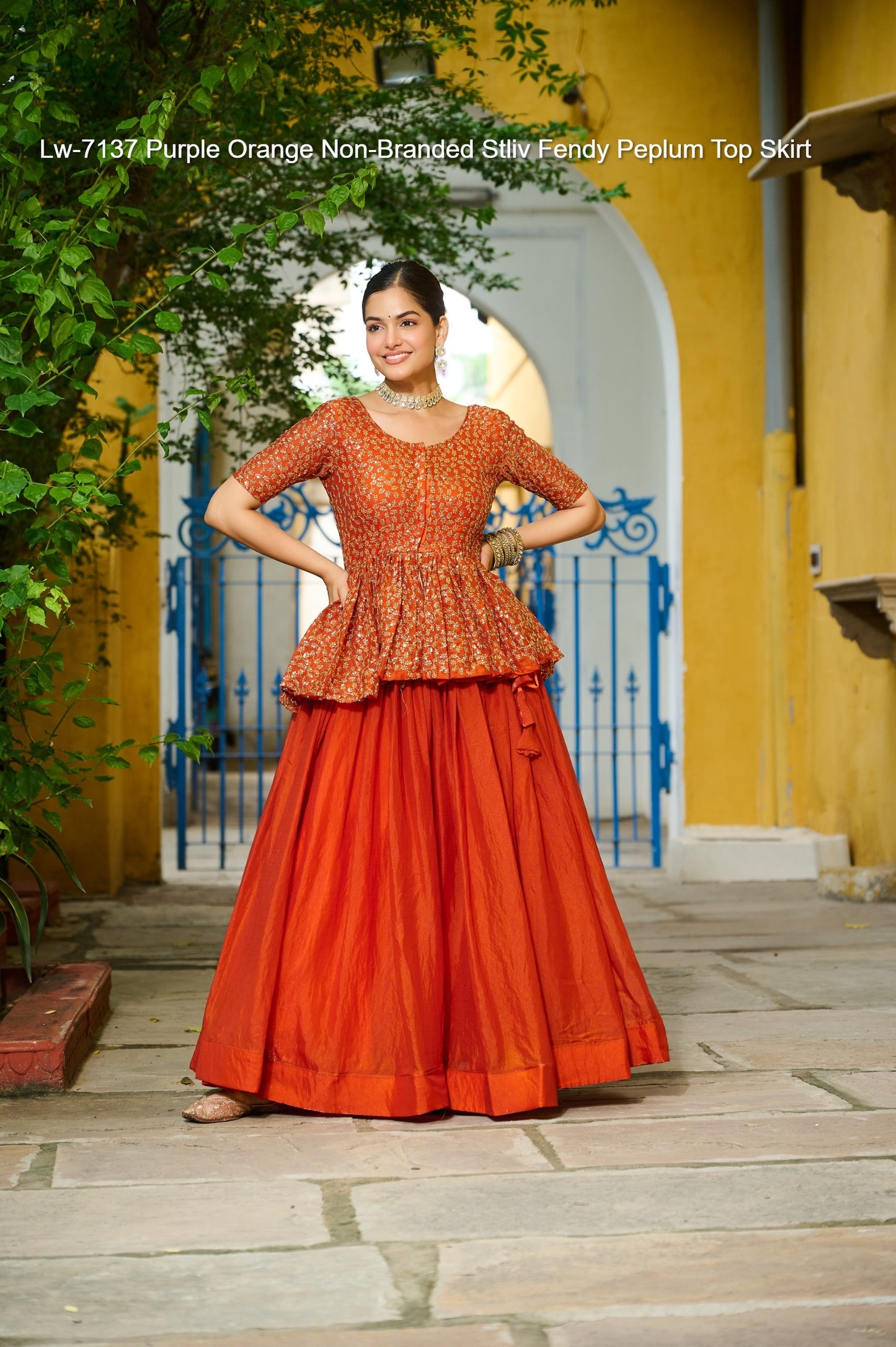 Lw-7137 Purple Orange Non-Branded Stliv Fendy Peplum Top Skirt