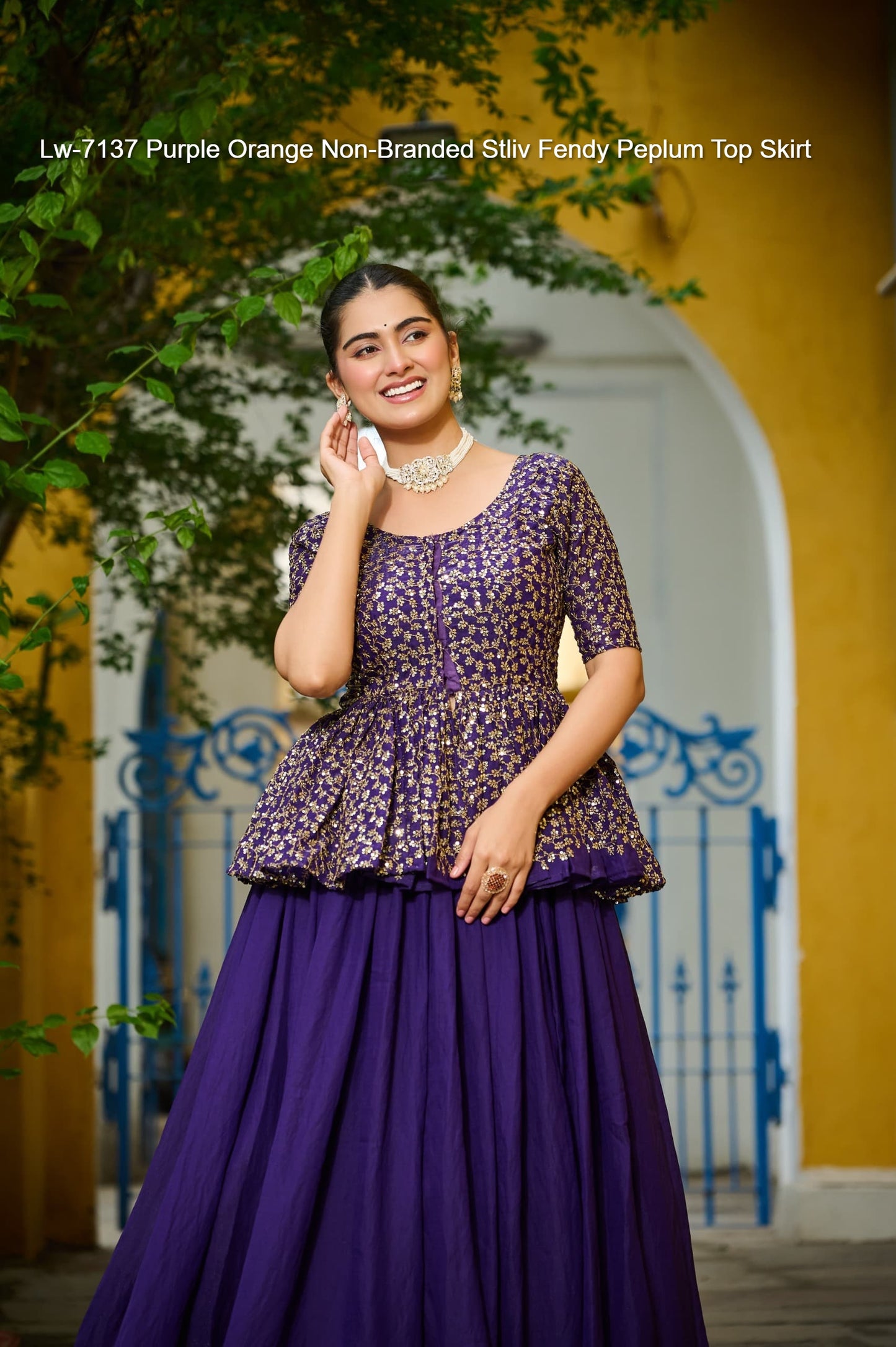 Lw-7137 Purple Orange Non-Branded Stliv Fendy Peplum Top Skirt