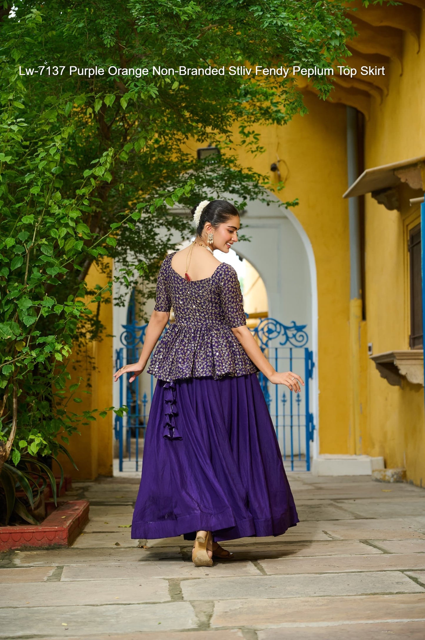 Lw-7137 Purple Orange Non-Branded Stliv Fendy Peplum Top Skirt