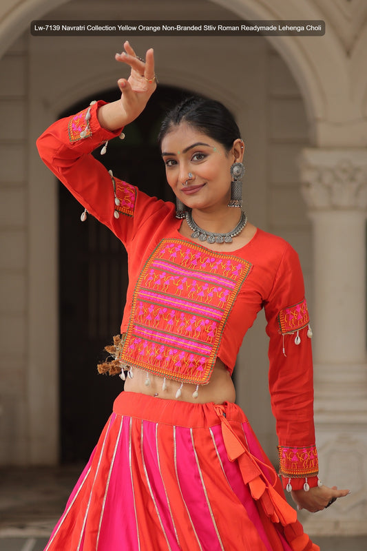 Lw-7139 Navratri Collection Yellow Orange Non-Branded Stliv Roman Readymade Lehenga Choli