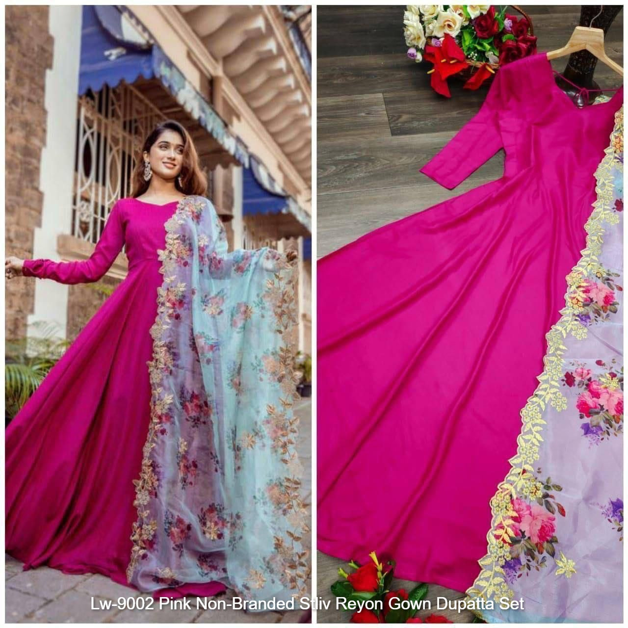 Lw-9002 Pink Non-Branded Stliv Reyon Gown Dupatta Set