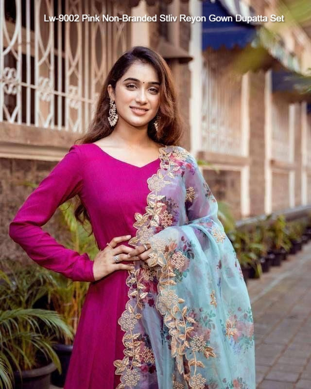 Lw-9002 Pink Non-Branded Stliv Reyon Gown Dupatta Set