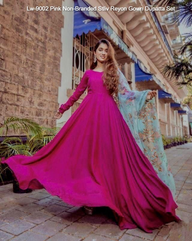 Lw-9002 Pink Non-Branded Stliv Reyon Gown Dupatta Set