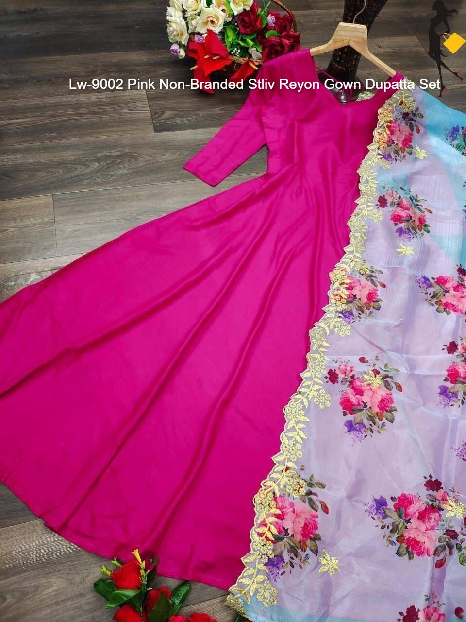 Lw-9002 Pink Non-Branded Stliv Reyon Gown Dupatta Set