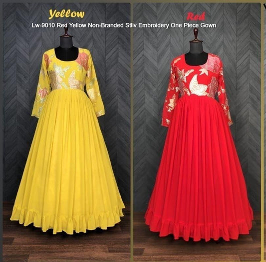 Lw-9010 Red Yellow Non-Branded Stliv Embroidery One Piece Gown