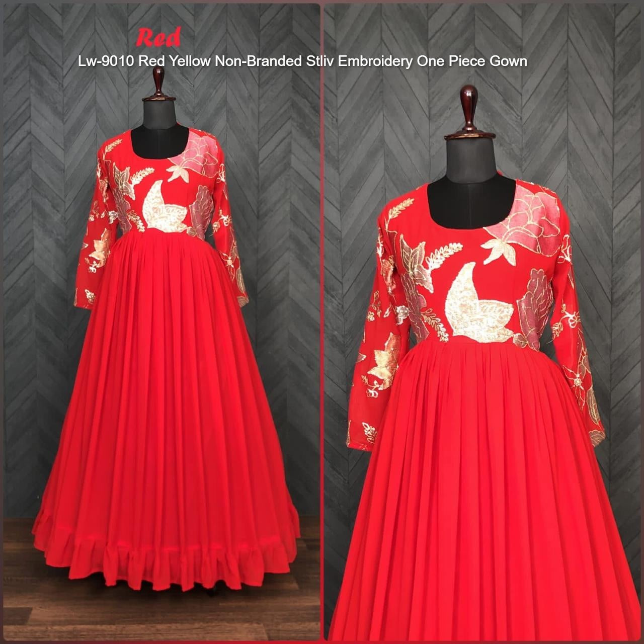 Lw-9010 Red Yellow Non-Branded Stliv Embroidery One Piece Gown