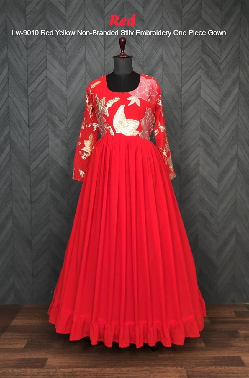 Lw-9010 Red Yellow Non-Branded Stliv Embroidery One Piece Gown