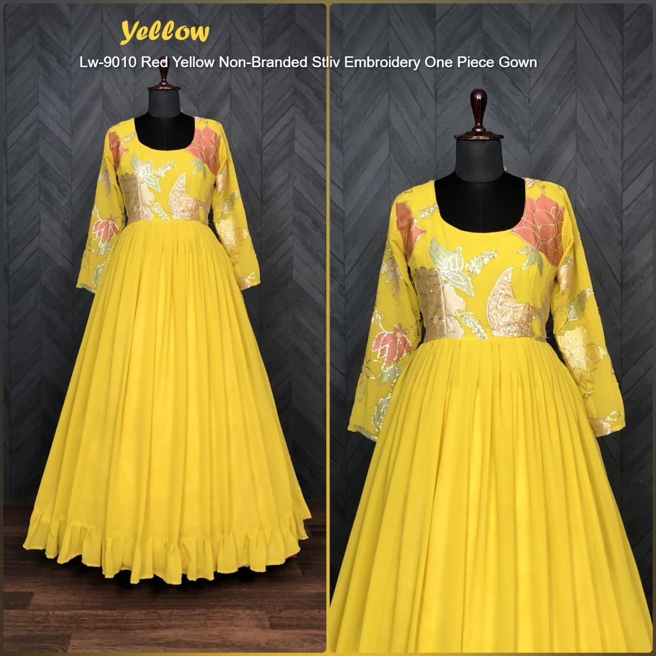Lw-9010 Red Yellow Non-Branded Stliv Embroidery One Piece Gown