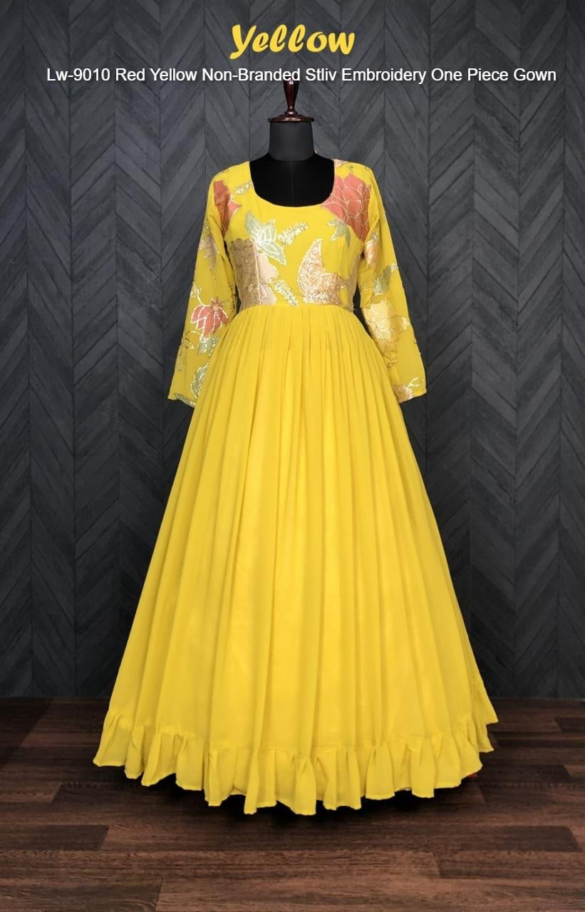 Lw-9010 Red Yellow Non-Branded Stliv Embroidery One Piece Gown