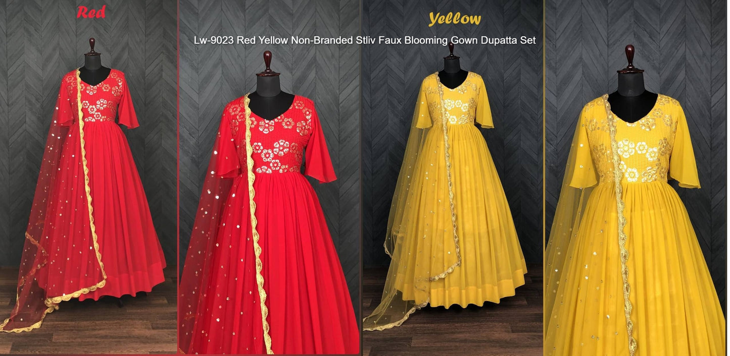Lw-9023 Red Yellow Non-Branded Stliv Faux Blooming Gown Dupatta Set