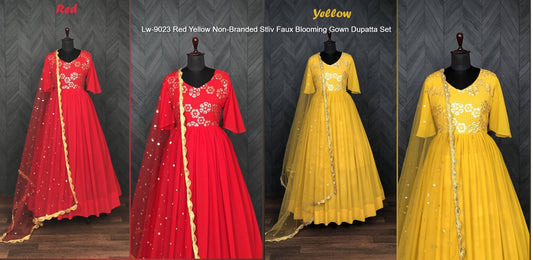 Lw-9023 Red Yellow Non-Branded Stliv Faux Blooming Gown Dupatta Set